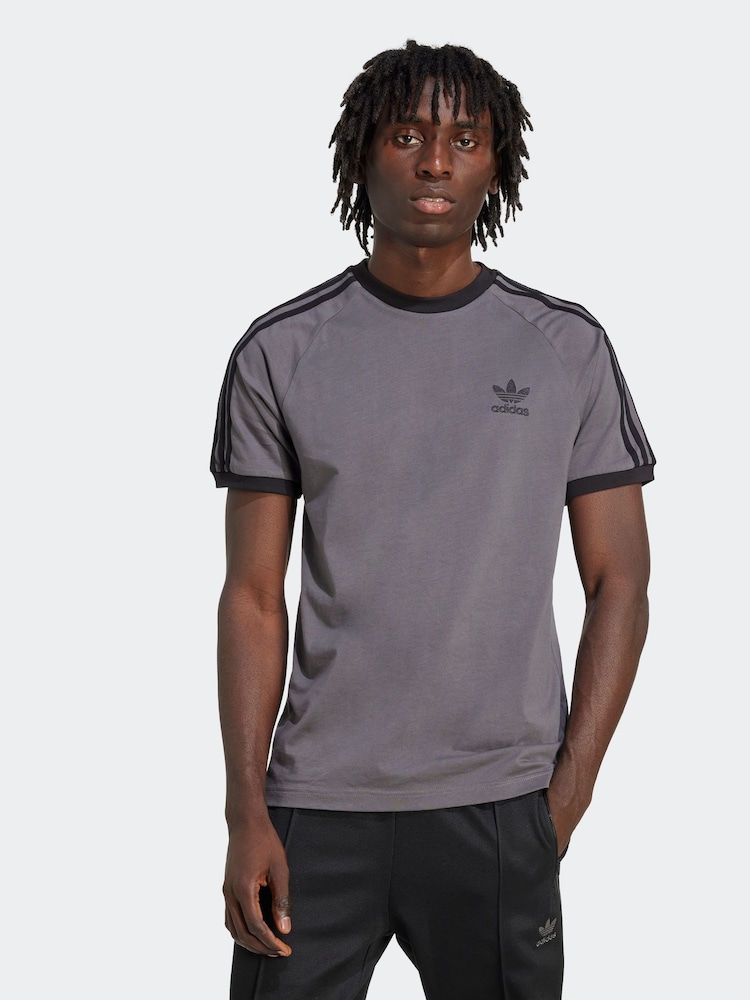 adidas Grey Dark Adicolor Classics 3-Stripes 100% Cotton T-Shirt - Image 1 of 6