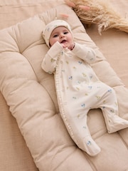 JoJo Maman Bébé Cream 100% Organic Cotton Floral Embroidered Sleepsuit & Hat Set - Image 1 of 7