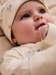 JoJo Maman Bébé Cream 100% Organic Cotton Floral Embroidered Sleepsuit & Hat Set - Image 2 of 7