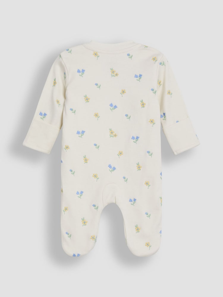 JoJo Maman Bébé Cream 100% Organic Cotton Floral Embroidered Sleepsuit & Hat Set - Image 3 of 7