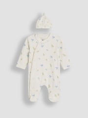 JoJo Maman Bébé Cream 100% Organic Cotton Floral Embroidered Sleepsuit & Hat Set - Image 4 of 7