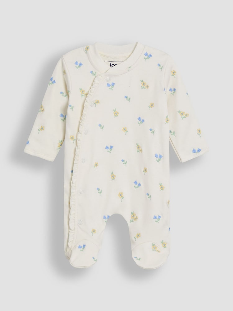 JoJo Maman Bébé Cream 100% Organic Cotton Floral Embroidered Sleepsuit & Hat Set - Image 5 of 7