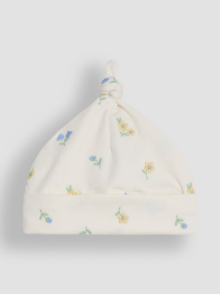 JoJo Maman Bébé Cream 100% Organic Cotton Floral Embroidered Sleepsuit & Hat Set - Image 7 of 7