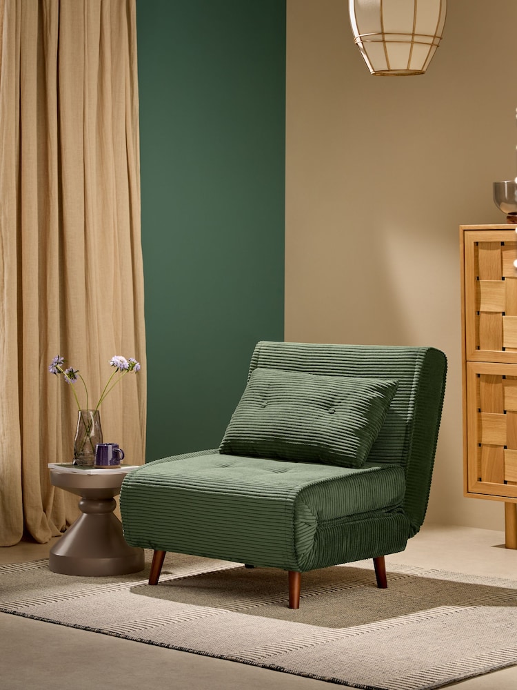 MADE.COM Olive Green Corduroy Haru Single 1 Seater Sofa Bed - Image 1 of 6