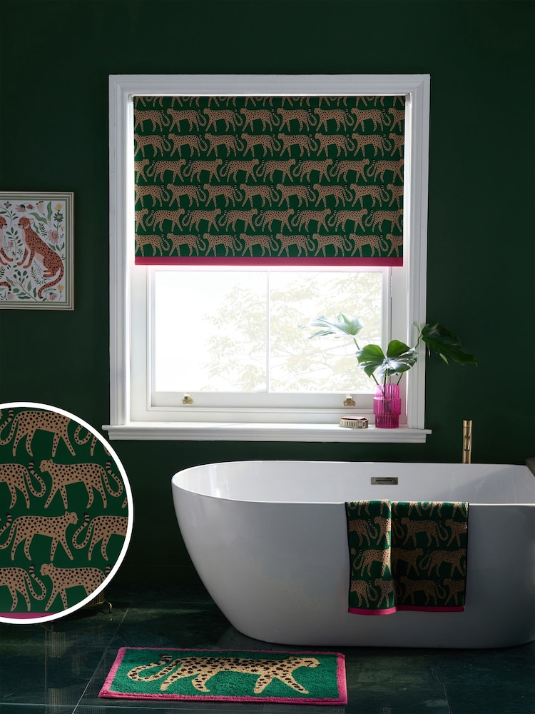 Green Ready Made Blackout Bathroom Roller Cheetah Print Blinds - Image 1 of 4