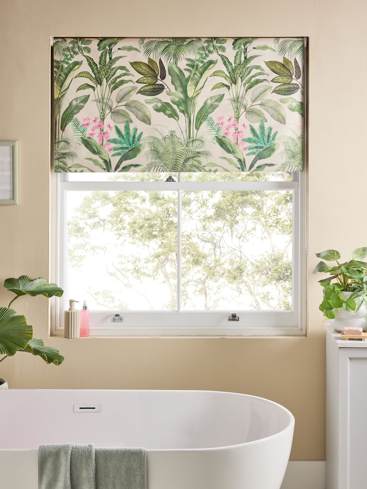 Green/Pink Ready Made Blackout Bathroom Roller Tropical Leaf Print Blinds - Image 1 of 6
