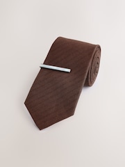Brown Herringbone Tie with Mother of Pearl Tie Clip - Image 1 of 3