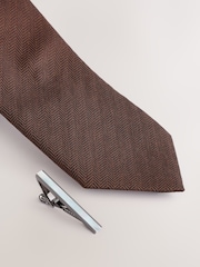 Brown Herringbone Tie with Mother of Pearl Tie Clip - Image 2 of 3