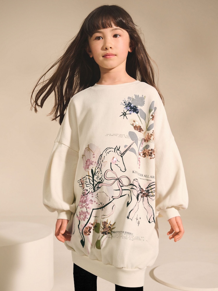 Ecru Unicorn Graphic Jumper Dress (3-16yrs) - Image 1 of 8 Ecru Unicorn Graphic Jumper Dress (3-16yrs) - Image 1 of 8
