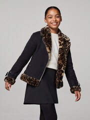 Lipsy Black Leopard Faux Fur Aviator Jacket (5-16yrs) - Image 1 of 4