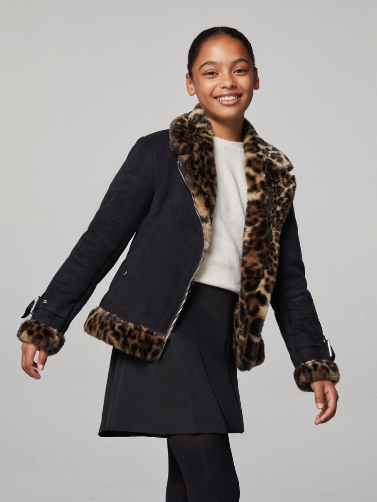 Lipsy Black Leopard Faux Fur Aviator Jacket (5-16yrs) - Image 1 of 4