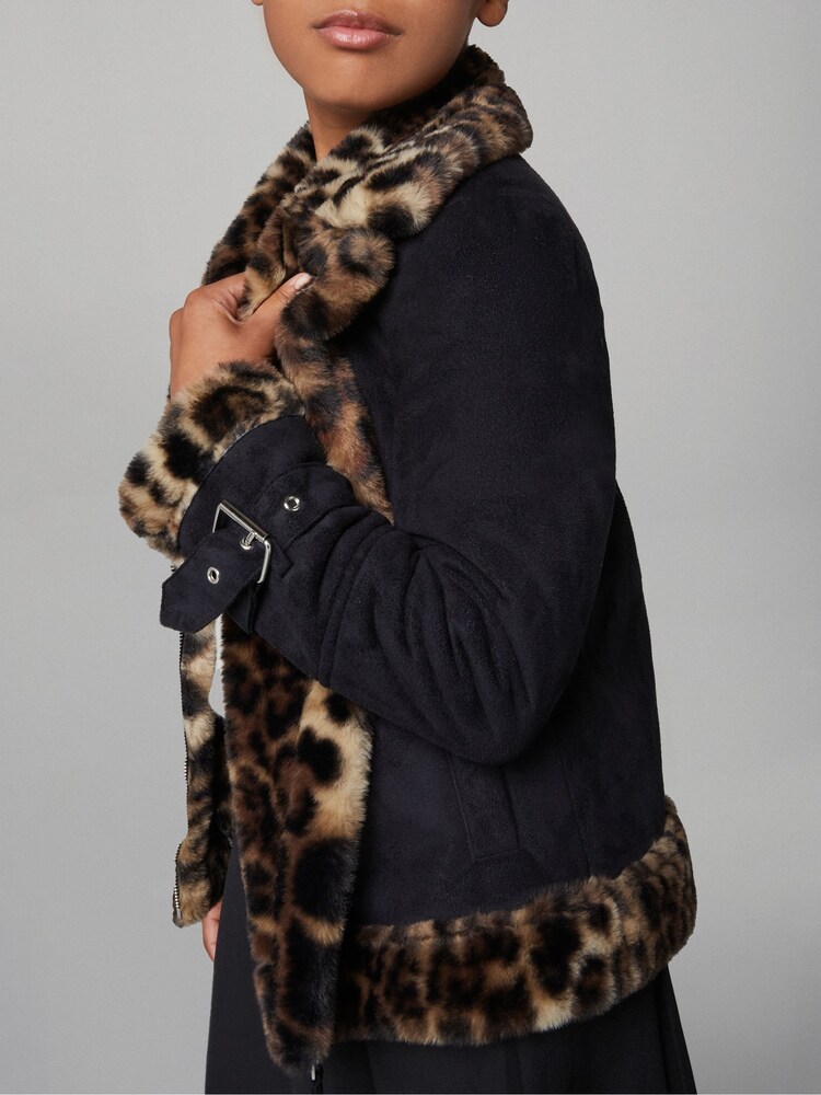 Lipsy Black Leopard Faux Fur Aviator Jacket (5-16yrs) - Image 2 of 4