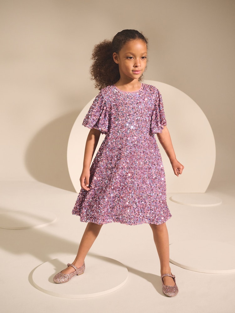 Dusky Pink Angel Sleeve Sequin Party Dress (3-16yrs) - Image 1 of 4