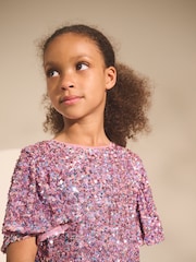Dusky Pink Angel Sleeve Sequin Party Dress (3-16yrs) - Image 2 of 4