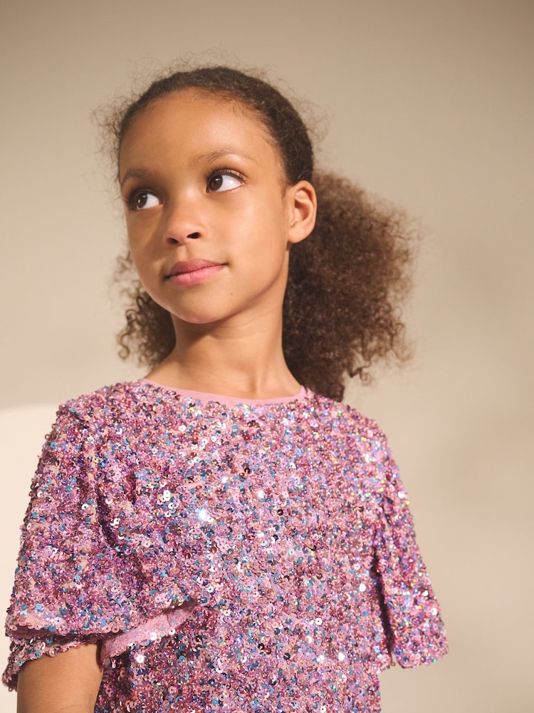 Dusky Pink Angel Sleeve Sequin Party Dress (3-16yrs) - Image 2 of 4