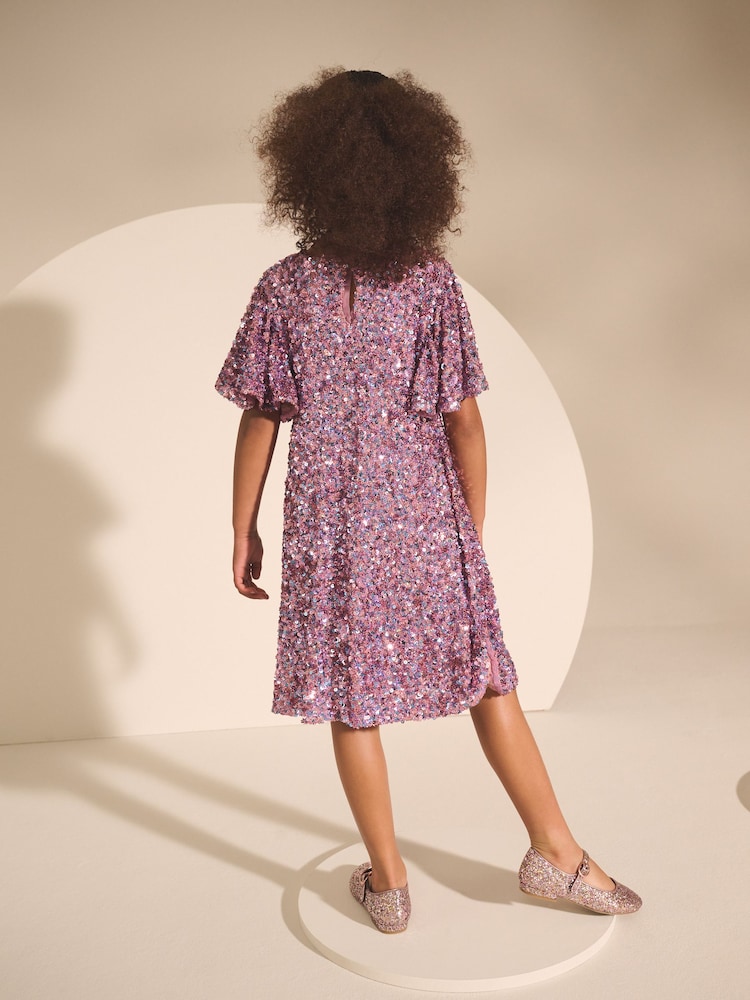 Dusky Pink Angel Sleeve Sequin Party Dress (3-16yrs) - Image 3 of 4