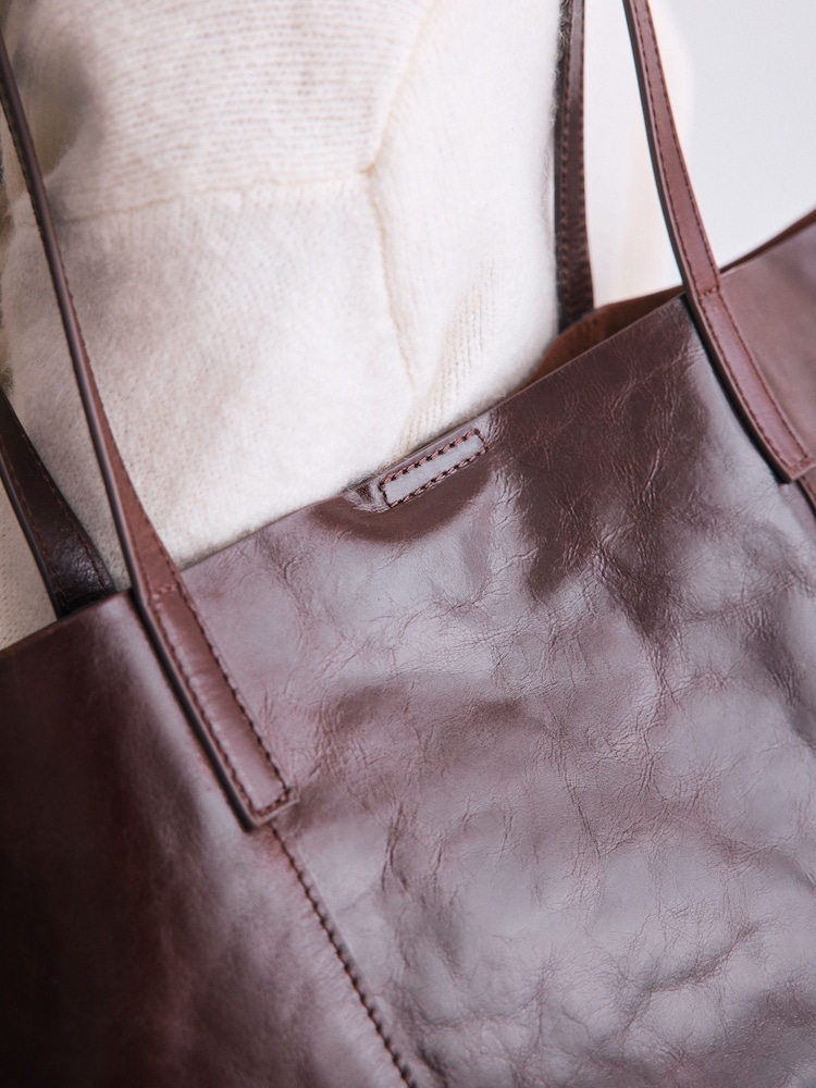 Chocolate Brown Large Leather Shopper Bag - Image 4 of 8