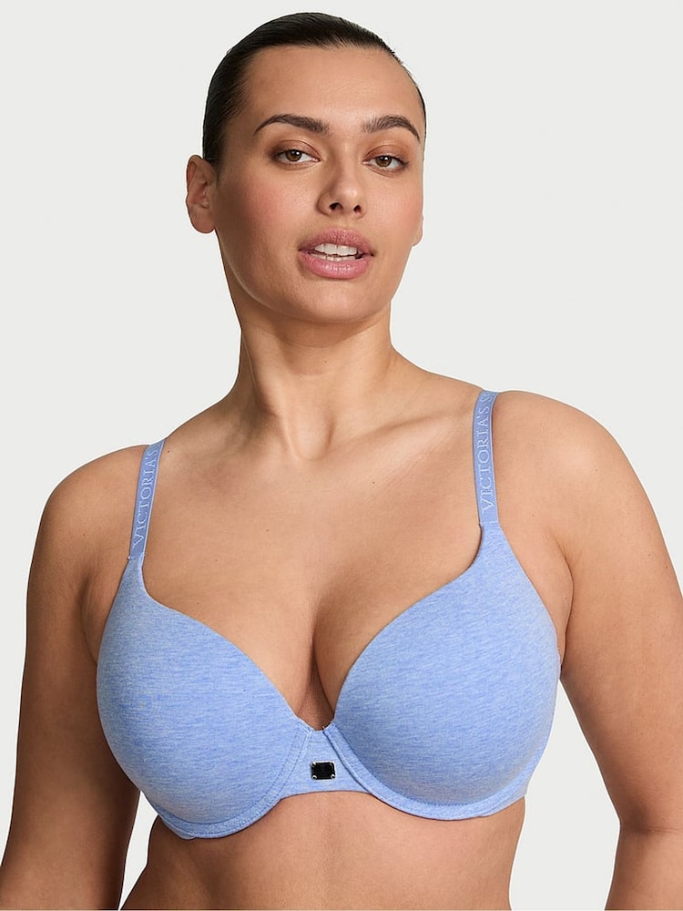 Victoria's Secret Cornflower Heather Blue Full Cup Push Up Cotton Logo Bra - Image 1 of 3 Victoria's Secret Cornflower Heather Blue Full Cup Push Up Cotton Logo Bra - Image 1 of 3