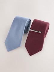 Burgundy and Blue Textured Ties And Clips 2 Pack - Image 1 of 3