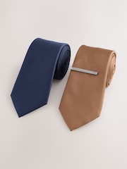 Brown and Navy Textured Ties And Clips 2 Pack - Image 1 of 3