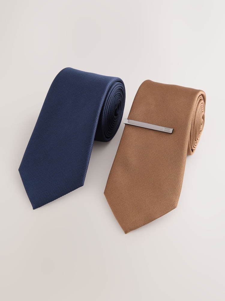 Brown and Navy Textured Ties And Clips 2 Pack - Image 1 of 3