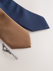 Brown and Navy Textured Ties And Clips 2 Pack - Image 2 of 3