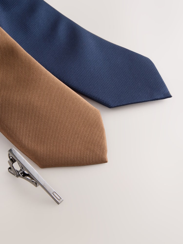 Brown and Navy Textured Ties And Clips 2 Pack - Image 2 of 3