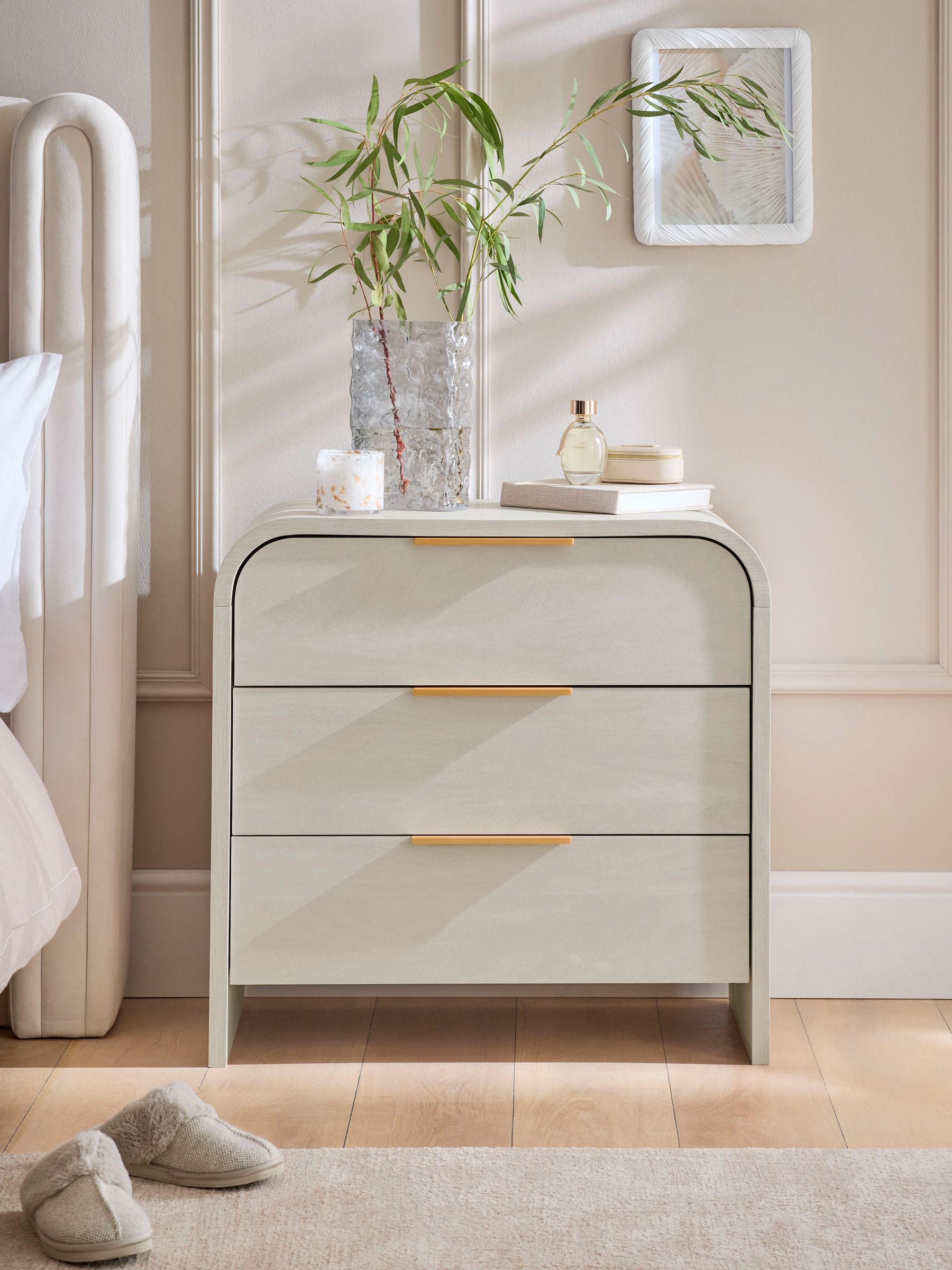 Buy Light Natural Mia Oak Effect 3 Drawer Wide Bedside Table from