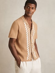 Reiss Camel/Off White Addington Geometric Cuban Collar Knit Shirt - Image 1 of 7