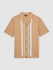 Reiss Camel/Off White Addington Geometric Cuban Collar Knit Shirt - Image 2 of 7