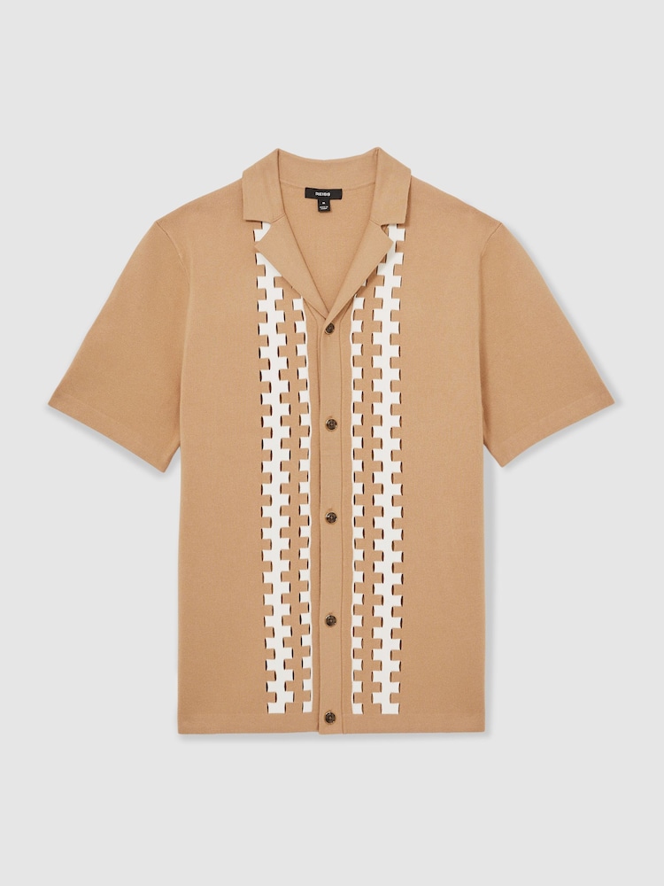 Reiss Camel/Off White Addington Geometric Cuban Collar Knit Shirt - Image 2 of 7