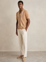 Reiss Camel/Off White Addington Geometric Cuban Collar Knit Shirt - Image 3 of 7