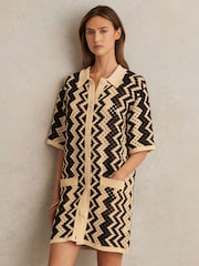 Reiss Black/Cream Natalie Cotton Blend Patterned Crochet Dress - Image 1 of 5