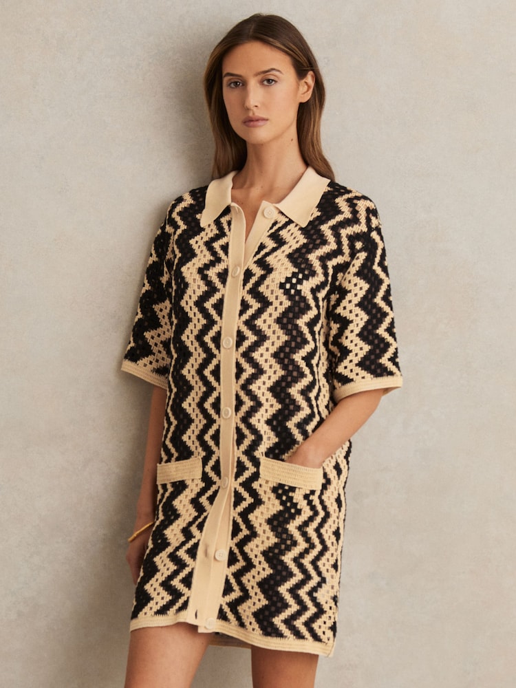 Reiss Black/Cream Natalie Cotton Blend Patterned Crochet Dress - Image 1 of 5