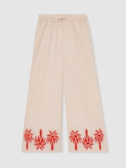 Reiss Stone Cate Cotton Linen Palm Embroidery Trousers - Image 2 of 4