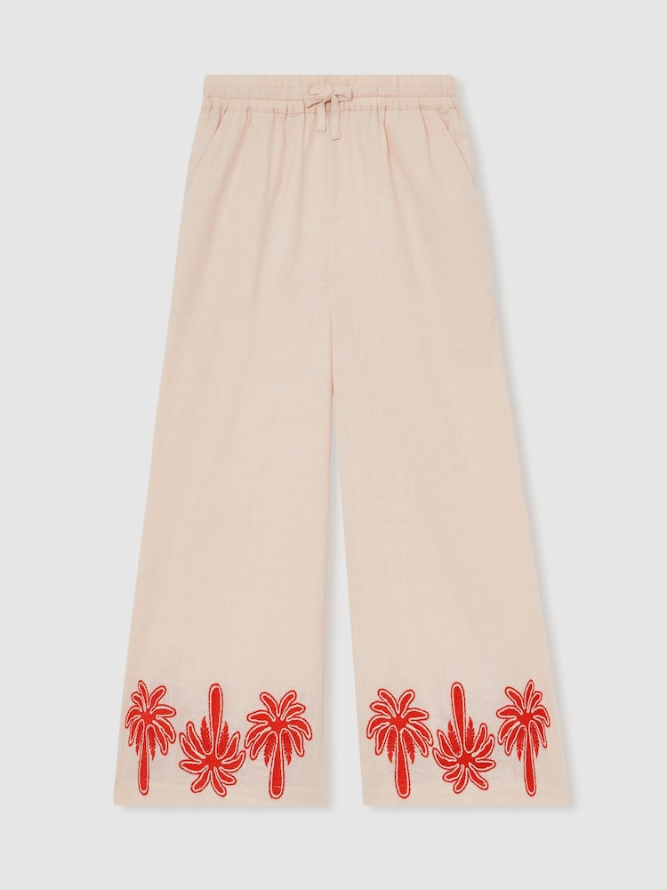 Reiss Stone Cate Cotton Linen Palm Embroidery Trousers - Image 2 of 4