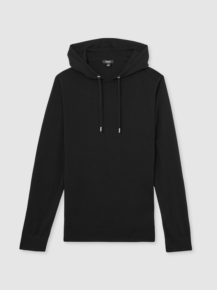 Reiss Black Holland Merino Wool Drawstring Hoodie - Image 2 of 5