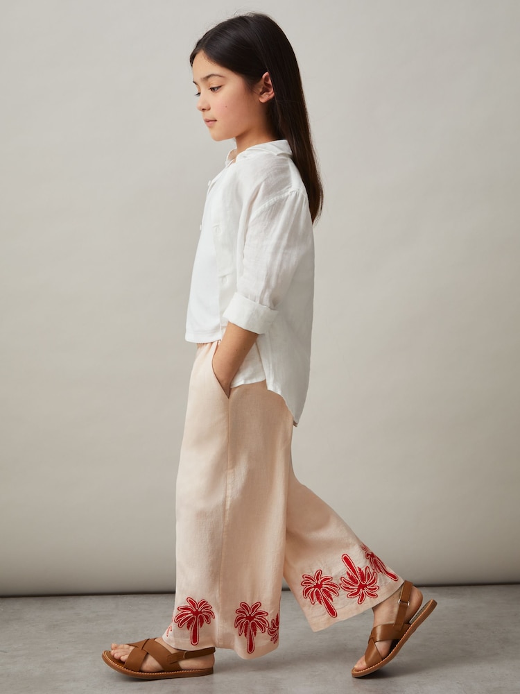 Reiss Stone Cate Cotton-Linen Palm Embroidery Trousers - Image 1 of 4