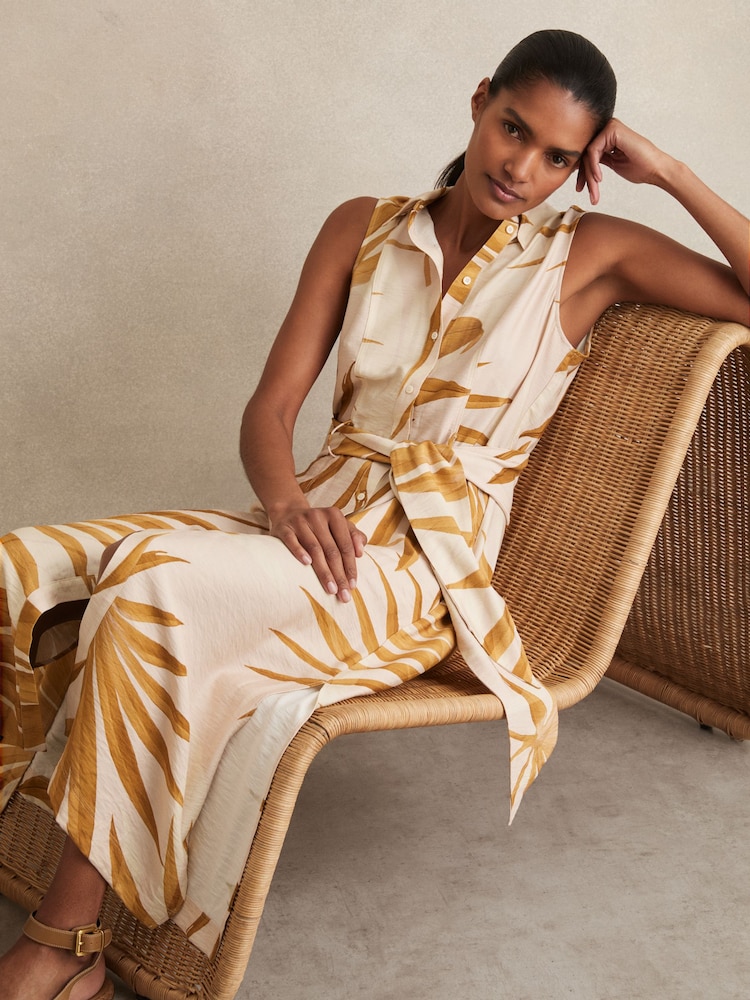 Reiss Neutral Morgan Petite Palm-Print Sleeveless Shirt Dress - Image 1 of 8