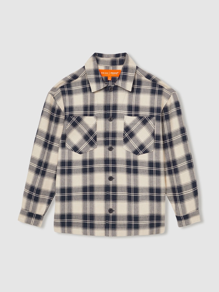Reiss Navy/Off White Endurance McLaren F1 Team Check Logo Overshirt - Image 1 of 6 Reiss Navy/Off White Endurance McLaren F1 Team Check Logo Overshirt - Image 1 of 6