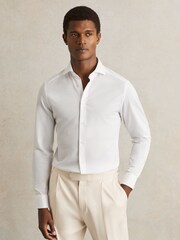 Reiss White Nate Cotton-Blend Jersey Cutaway-Collar Shirt - Image 1 of 7