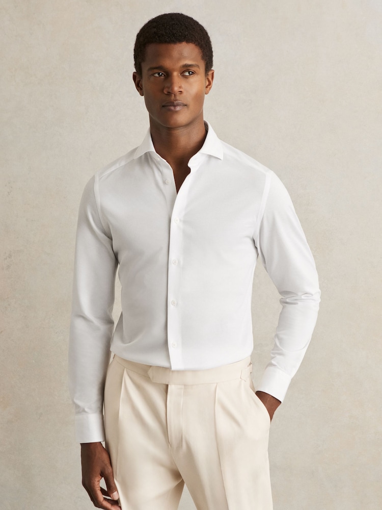 Reiss White Nate Cotton-Blend Jersey Cutaway-Collar Shirt - Image 1 of 7 Reiss White Nate Cotton-Blend Jersey Cutaway-Collar Shirt - Image 1 of 7