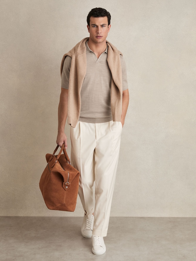 Reiss Wheat Melange Duchie Merino Wool Open Collar Polo Shirt - Image 1 of 6