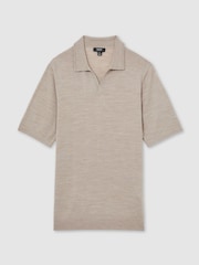 Reiss Wheat Melange Duchie Merino Wool Open Collar Polo Shirt - Image 2 of 6