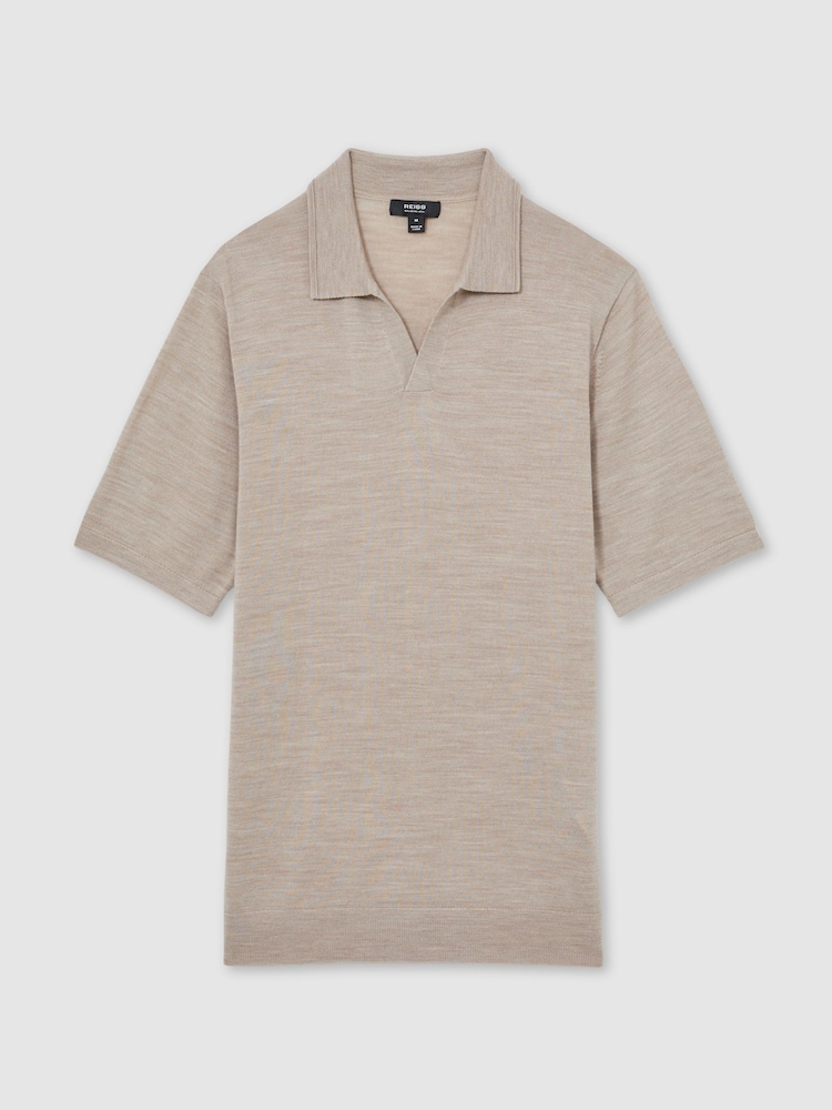 Reiss Wheat Melange Duchie Merino Wool Open Collar Polo Shirt - Image 2 of 6