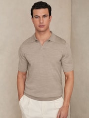 Reiss Wheat Melange Duchie Merino Wool Open Collar Polo Shirt - Image 3 of 6
