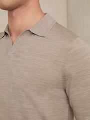 Reiss Wheat Melange Duchie Merino Wool Open Collar Polo Shirt - Image 4 of 6
