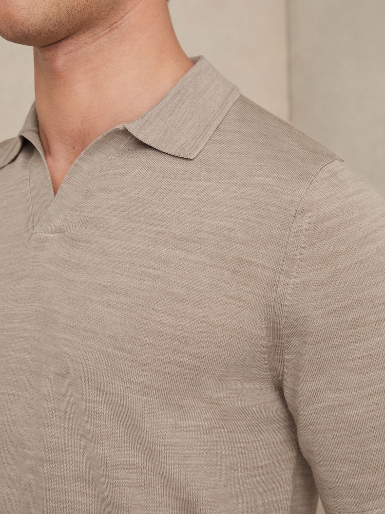 Reiss Wheat Melange Duchie Merino Wool Open Collar Polo Shirt - Image 4 of 6