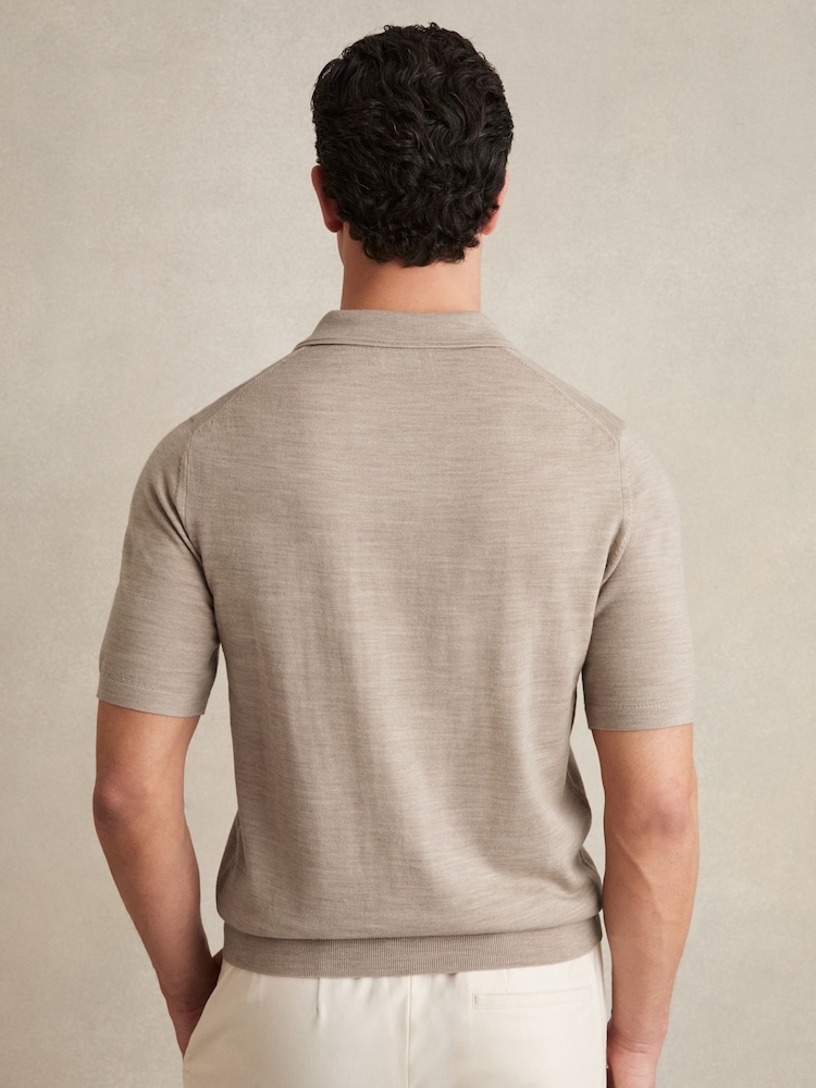 Reiss Wheat Melange Duchie Merino Wool Open Collar Polo Shirt - Image 5 of 6