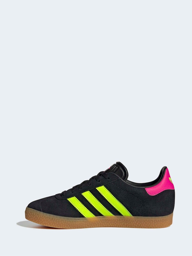adidas Originals Black/Neon/Pink Gazelle Lace Junior Trainers - Image 2 of 9 adidas Originals Black/Neon/Pink Gazelle Lace Junior Trainers - Image 2 of 9